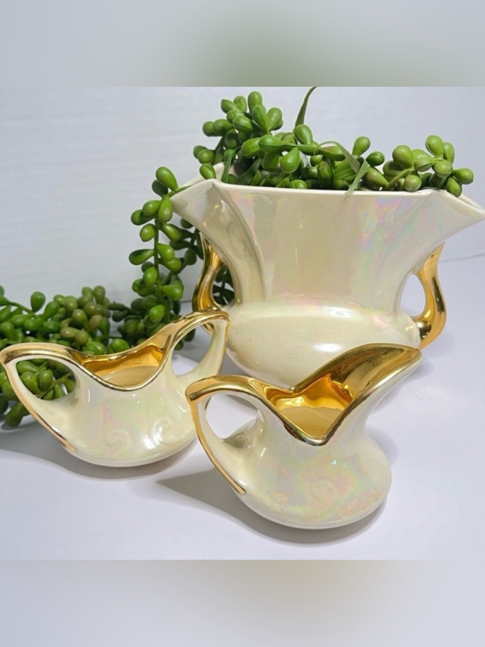 Vintage Pearl China Co. 3-Piece Lusterware Console Set 22K Gold Trim USA